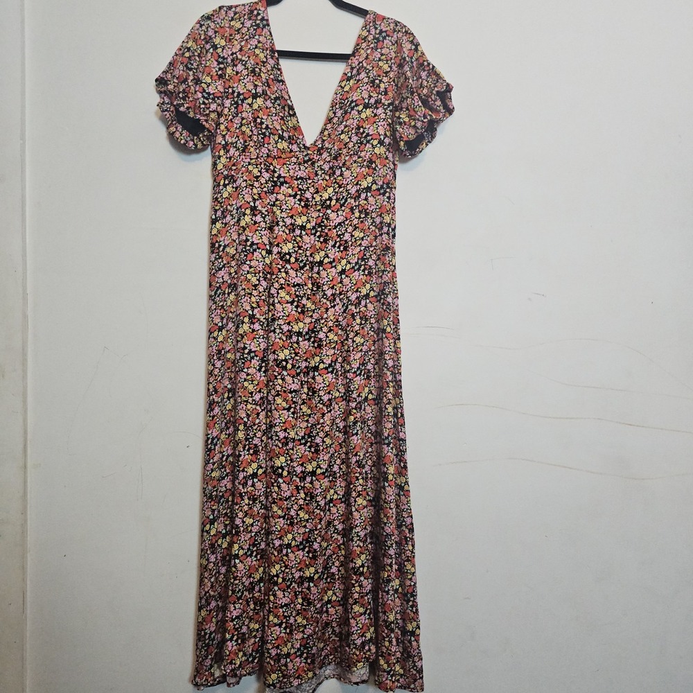 NWT Renew Women's Black‎ Floral Maxi Dress V-neck Flutter Sleeves L 100% Rayon